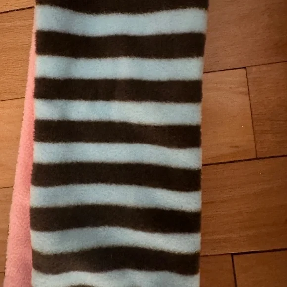 Striped Pink and Blue Kids Scarf with Pom Poms - Picture 3 of 3